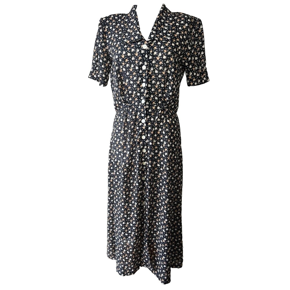 All That Jazz Black White Brown Floral Collared Midi Shirt Dress Size 5/6 USA